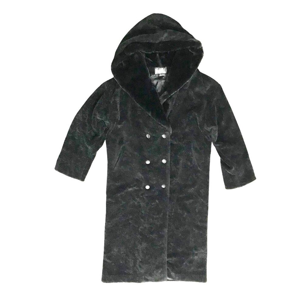 TSUNAMI Canada Womens M Faux Fur Black Maxi Coat Hood Double Breasted Warm
